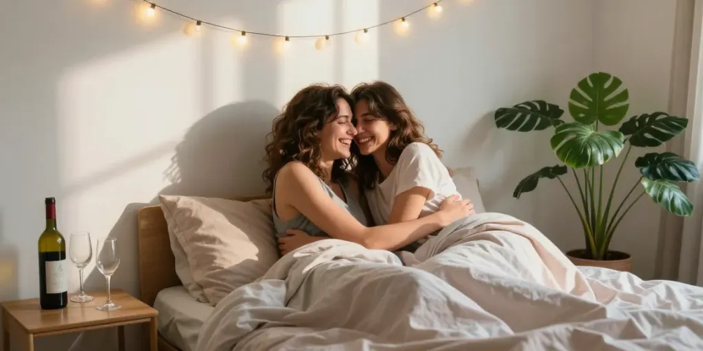 Heartwarming lesbian porn scene depicting two women in a cozy bedroom sharing wine and laughter.
