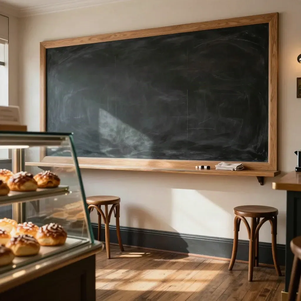 Cosy café chalkboard menu wall beside a pastry case and stacked bentwood stools.