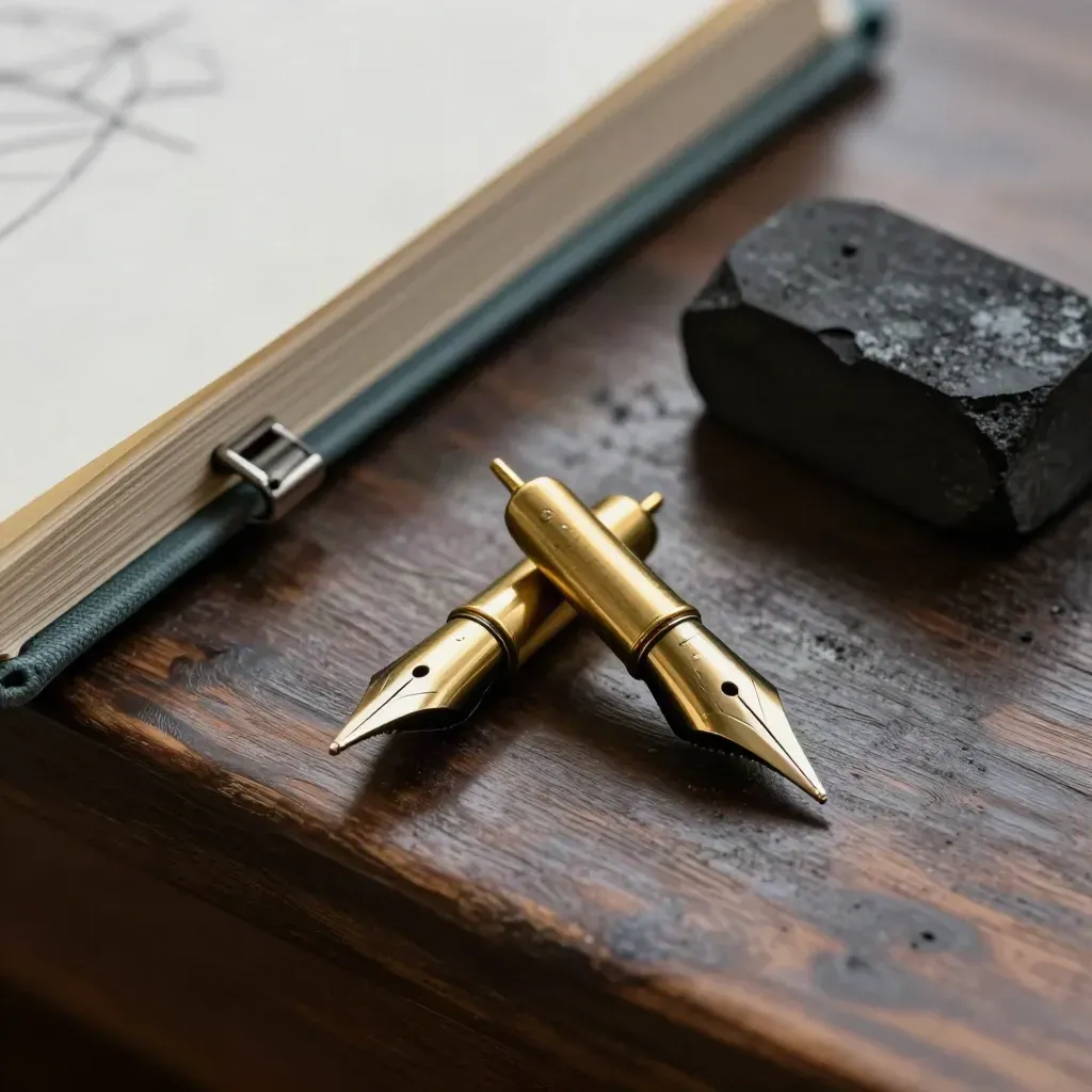 Brass sign-painting nibs, a worn sketchbook, and charcoal block on a dark bench.