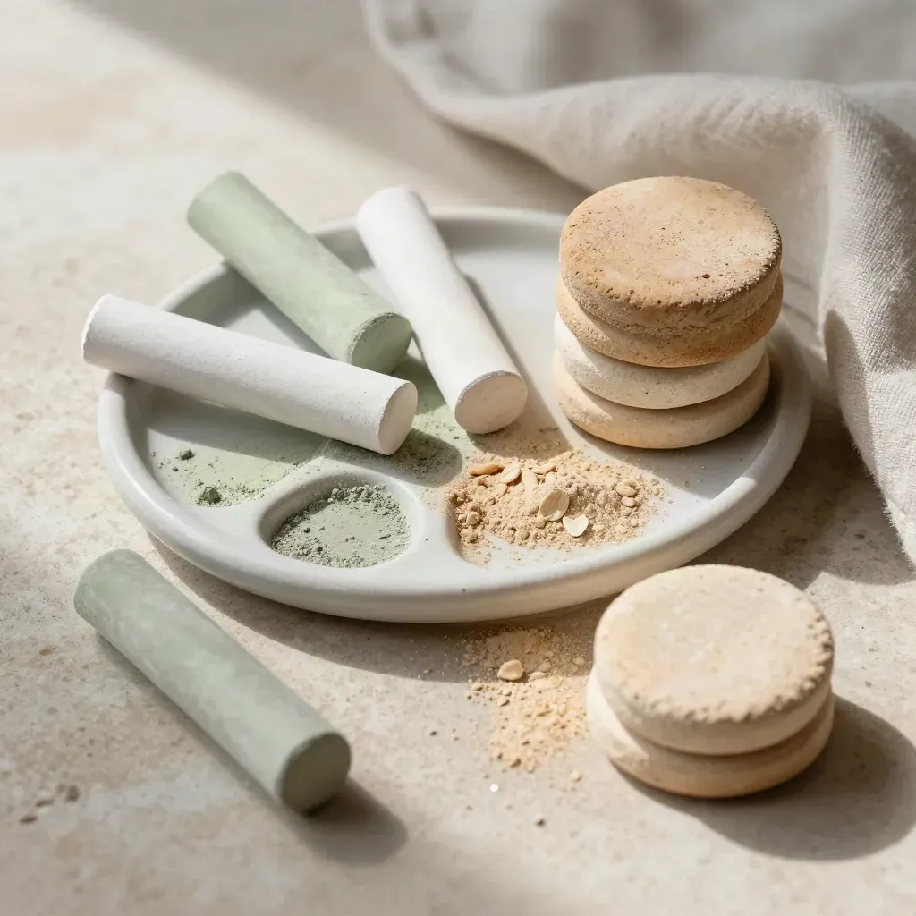 Pastel chalk blocks and a ceramic palette dusted with pigment on limestone