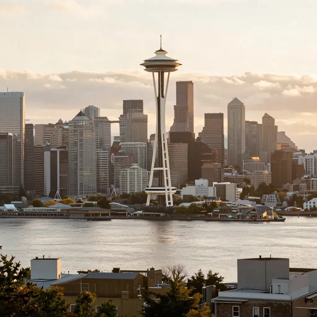 Seattle skyline at golden hour with the Space Needle above Elliott Bay haze