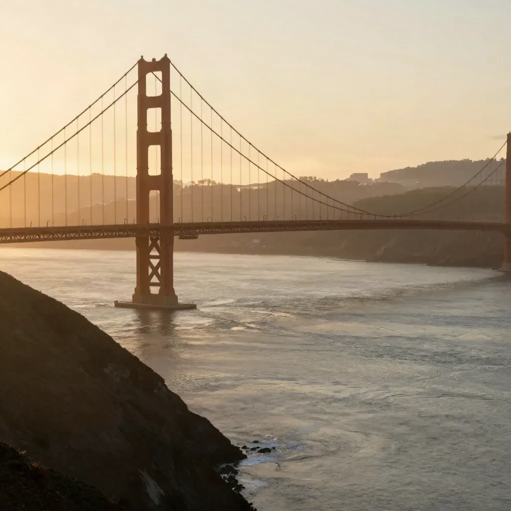 Golden Gate Bridge above marine layer at sunset, with bay haze and quiet water below